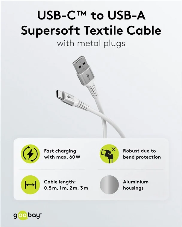 USB-C™ auf USB-A Supersoftes Textilkabel mit Metallsteckern, 2 m, weiß