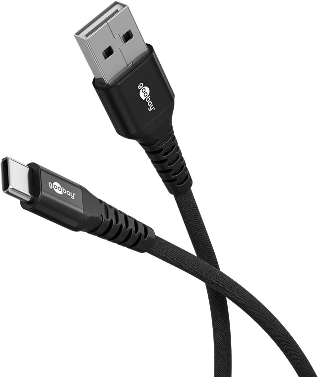 USB-C™ auf USB-A Supersoftes Textilkabel mit Metallsteckern, 1 m, schwarz