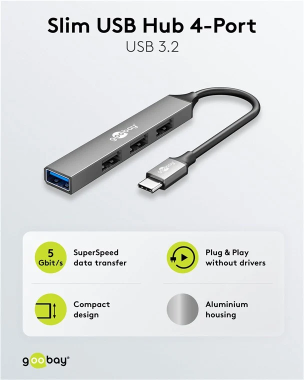 Slim 4-Port USB-Hub, USB-C™ auf USB-A, 5 Gbit/s