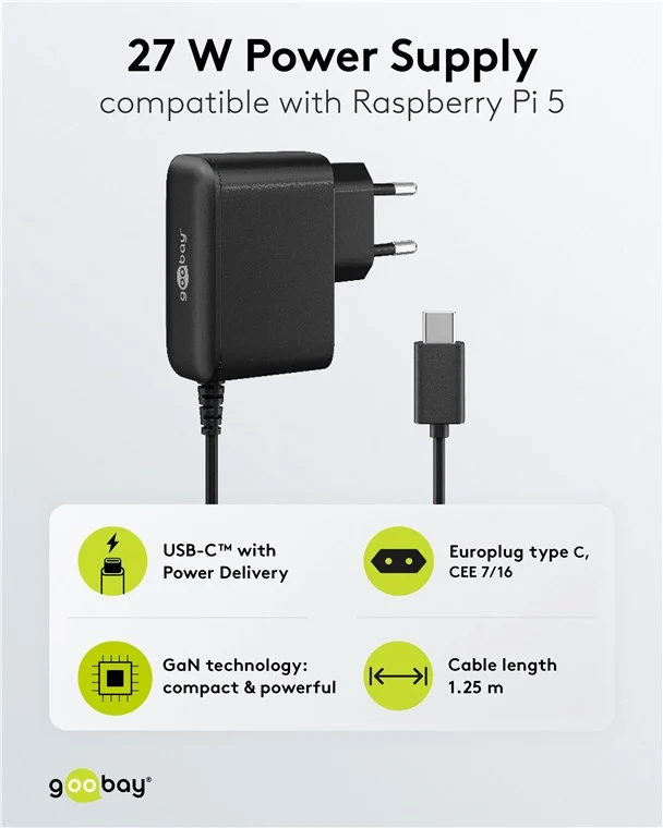 Netzteil für Raspberry Pi 5, 27 W, GaN, schwarz