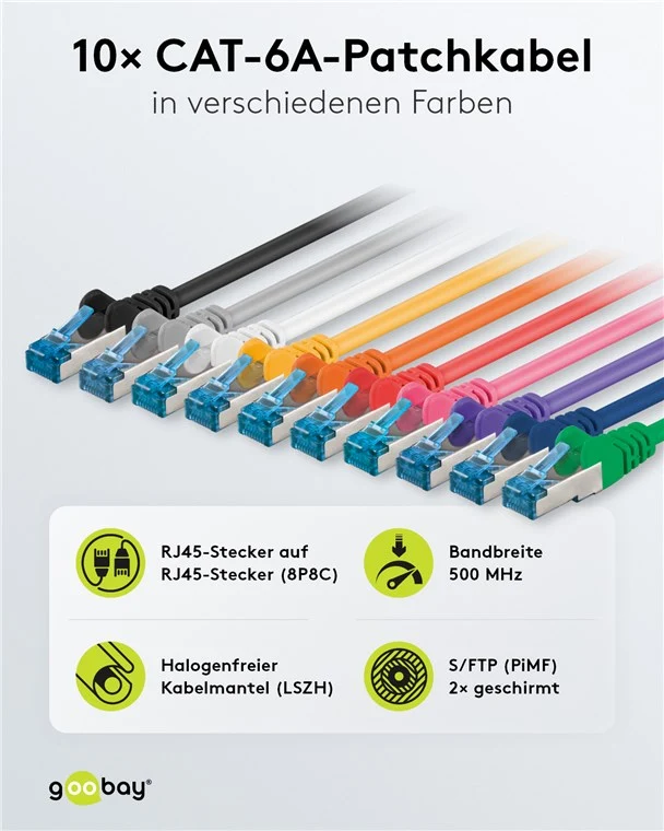 CAT 6A Patchkabel, S/FTP (PiMF), 2 m, Set in 10 Farben