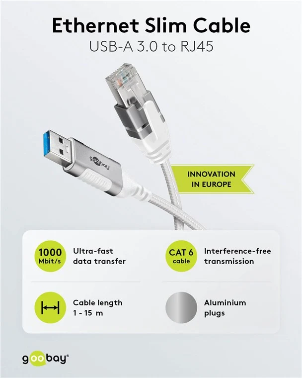 Ethernet-Kabel USB-A 3.0 auf RJ45, Slim, 10 m