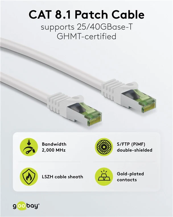 GHMT-zertifiziertes CAT 8.1 Patchkabel, S/FTP (PiMF), 2 m, weiß, 10er-Set