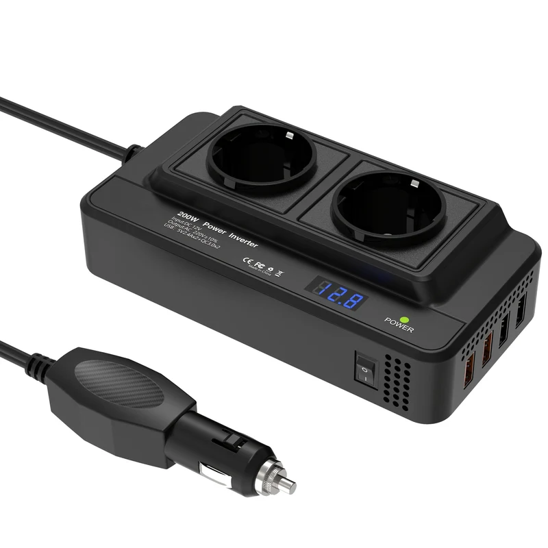 Kompakter 200W Auto-Stromwandler – Dual-Steckdosen & Quad USB