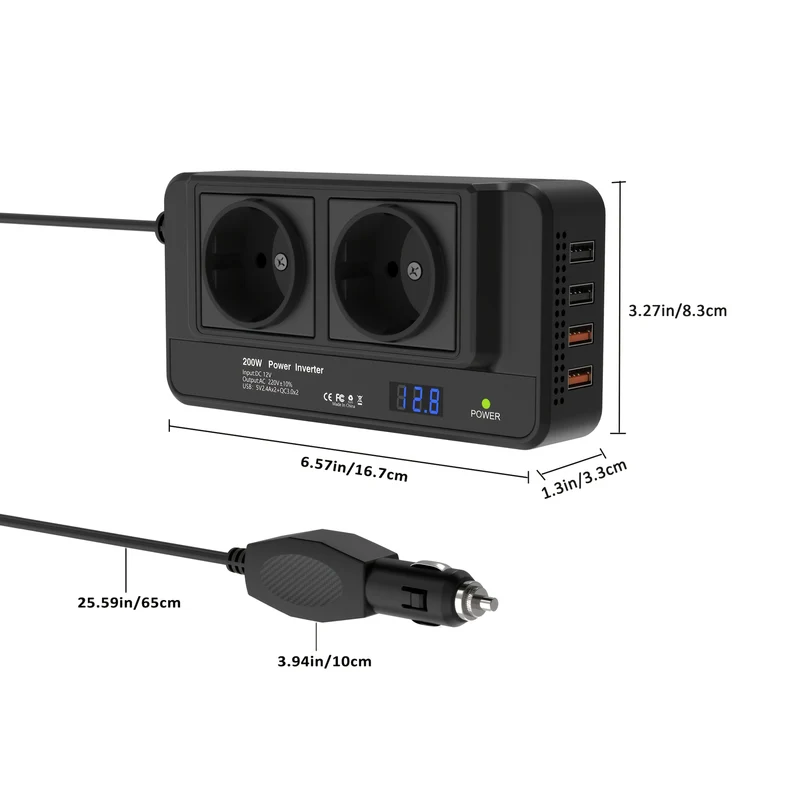 Kompakter 200W Auto-Stromwandler – Dual-Steckdosen & Quad USB