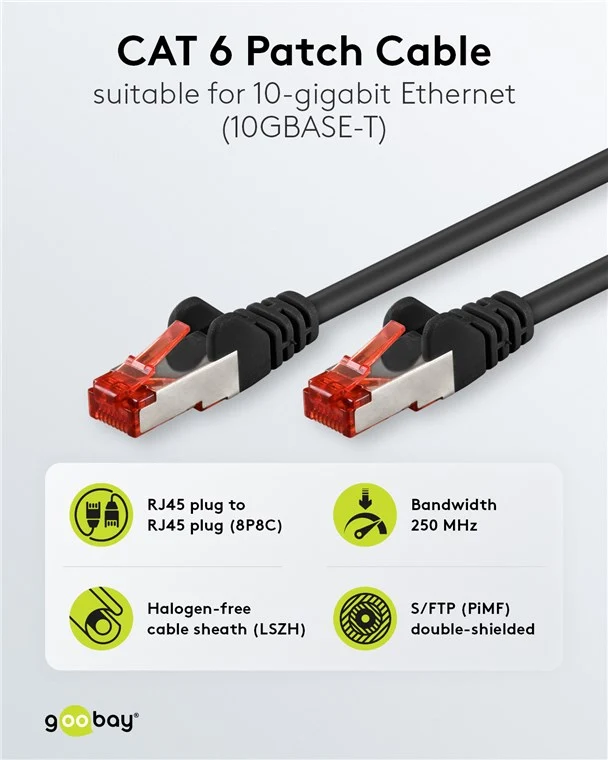 CAT 6 Patchkabel, S/FTP (PiMF), 2 m, schwarz, 10er-Set