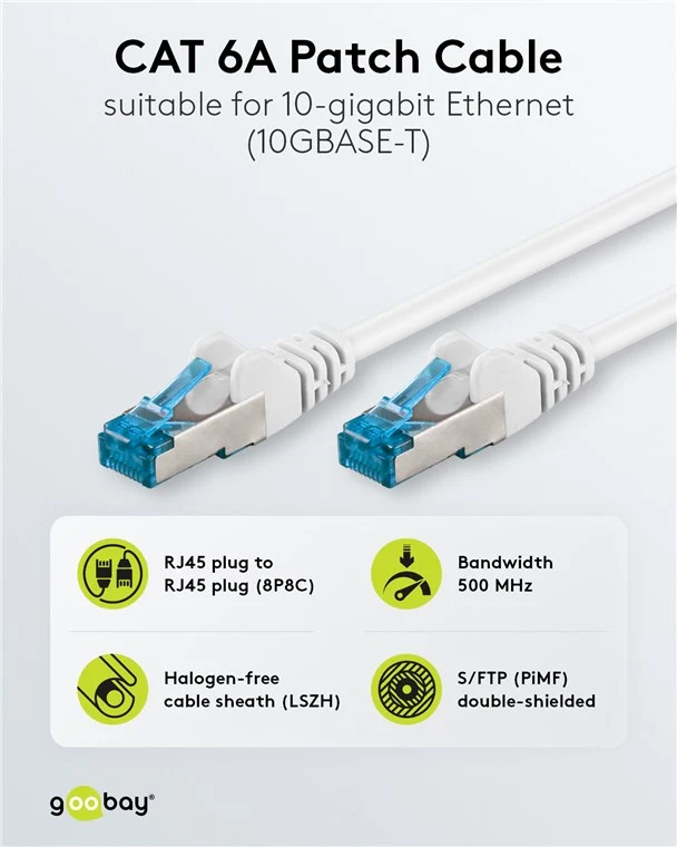 CAT 6A Patchkabel, S/FTP (PiMF), 2 m, weiß, 5er-Set