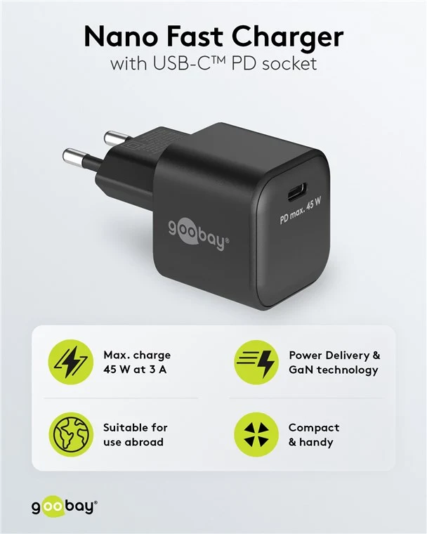 USB-C™ PD GaN Schnellladegerät Nano (45 W) schwarz