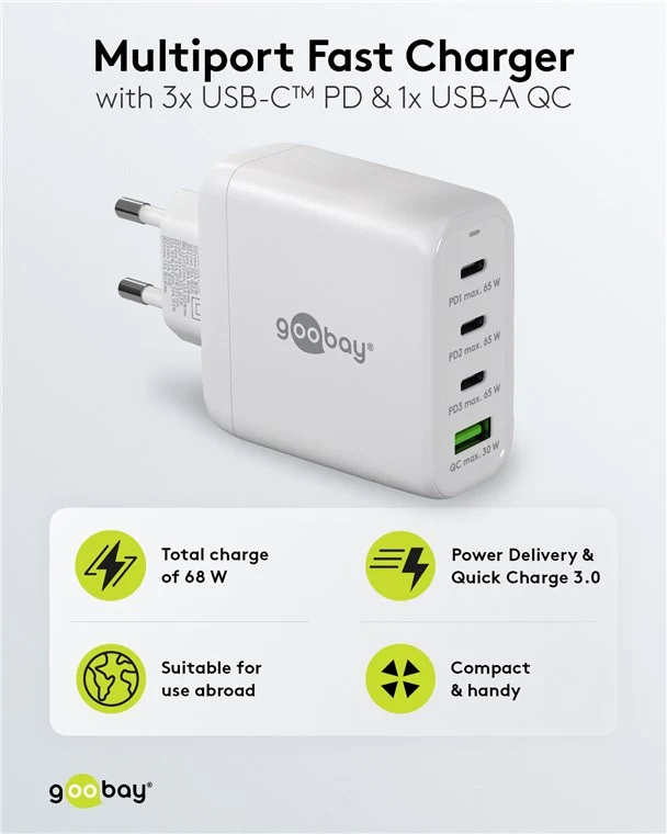 USB-C™ PD GaN Multiport-Schnellladegerät (68 W) weiß
