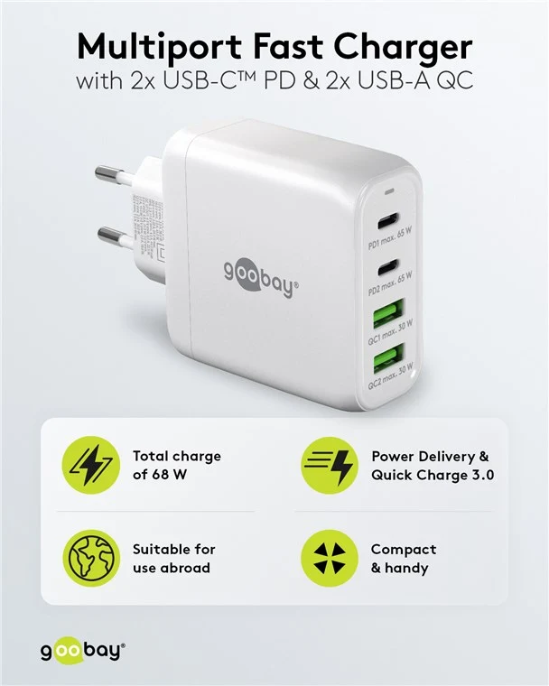 USB-C™ PD GaN Multiport-Schnellladegerät (68 W) weiß