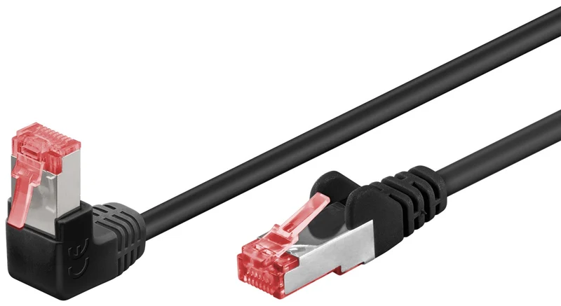 CAT 6 Patchkabel 1x 90° gewinkelt, S/FTP (PiMF), schwarz, 1 m