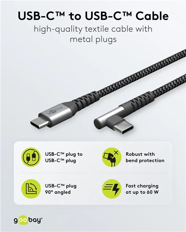 USB-C™-auf-USB-C™-Textilkabel mit Metallsteckern (spacegrau/silber), 90°, 0,5 m