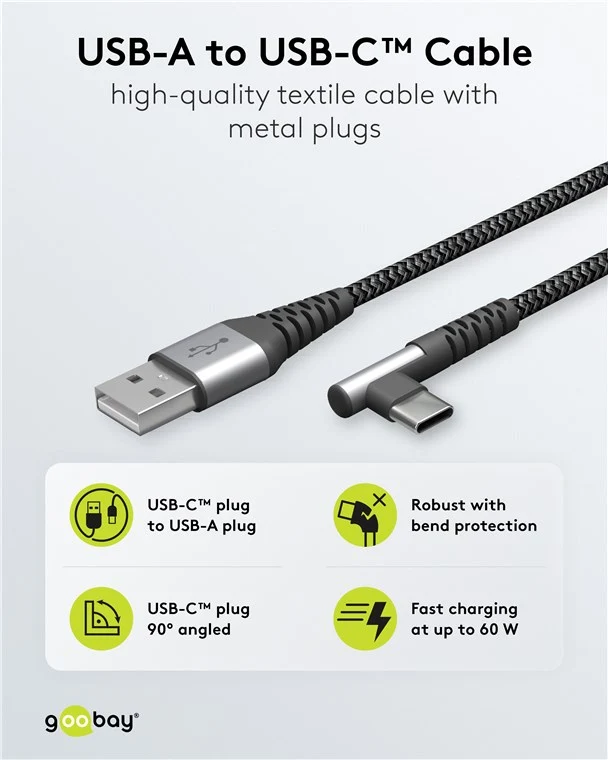 USB-C™-auf-USB-A-Textilkabel mit Metallsteckern (spacegrau/silber), 90°, 2 m