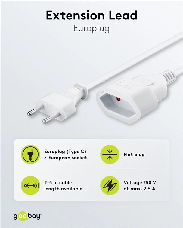 Verlängerungskabel Eurostecker, 3 m, weiß, (2*0,75 mm²)