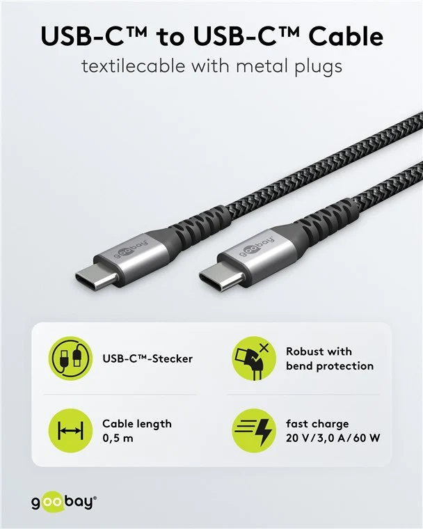 USB-C™-auf-USB-C™-Textilkabel mit Metallsteckern (spacegrau/silber), 0,5 m