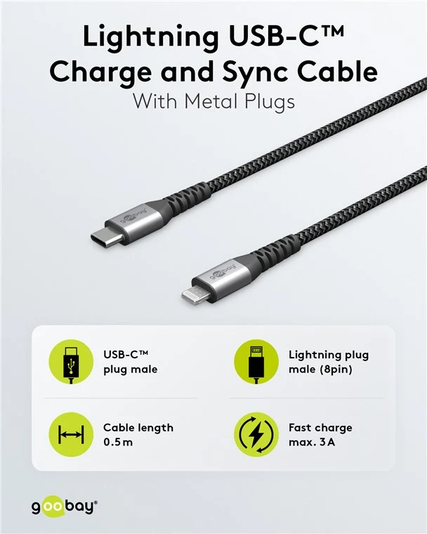 Lightning USB-C™ Textilkabel mit Metallsteckern, 1 m