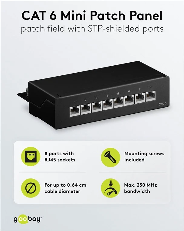 CAT 6 Mini/Desktop Patch Panel, 8 Port, (1 HE)