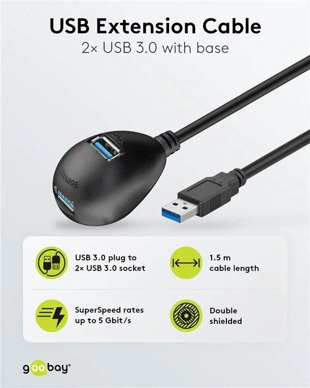 USB-A-Verlängerung mit Standfuß, 1,5 m, schwarz