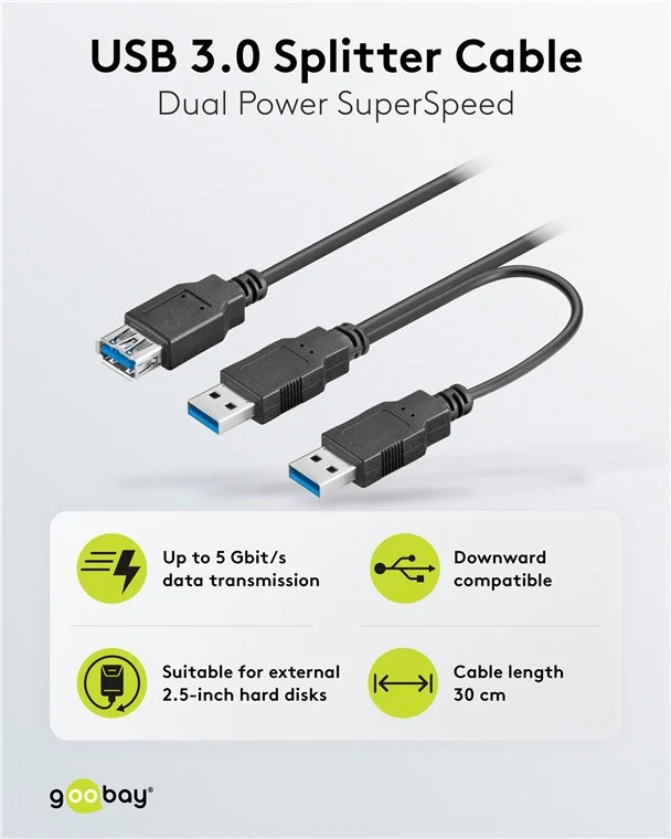 2in1-Kabel USB-A auf 2x USB-A, 0,3 m, schwarz