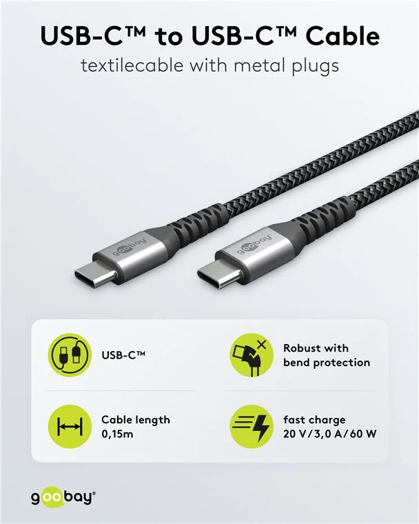 USB-C™-auf-USB-C™-Textilkabel mit Metallsteckern (spacegrau/silber), 0,15 m