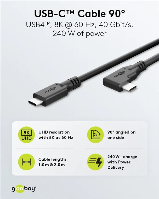 USB-C™-Kabel 90°, USB4™, 2 m, schwarz