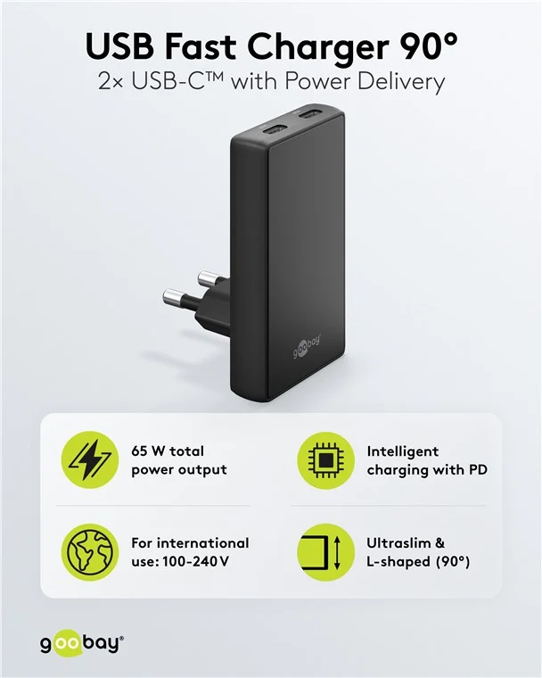 USB-C™ PD GaN Dual-Schnellladegerät 90° Flat (65 W) schwarz