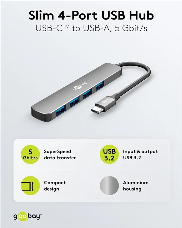 Slim 4-Port USB-Hub, USB-C™ auf USB-A, 5 Gbit/s