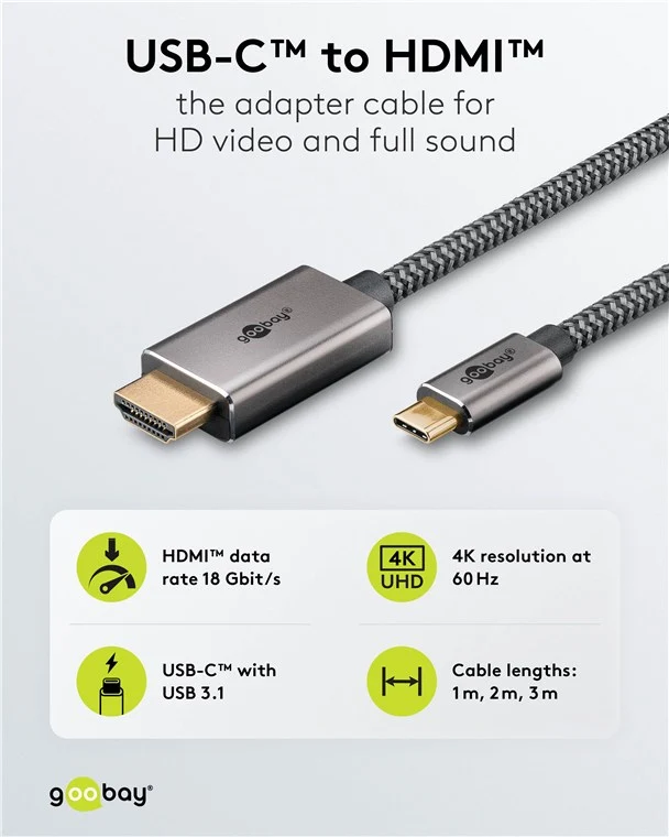 USB-C™-auf-HDMI™-Kabel, 1 m, schwarz;silber