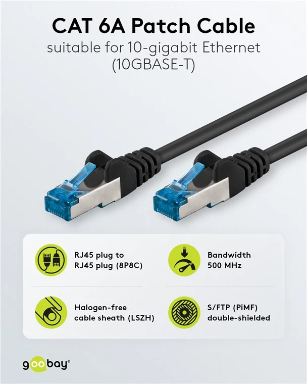 CAT 6A Patchkabel, S/FTP (PiMF), 5 m, schwarz, 10er-Set