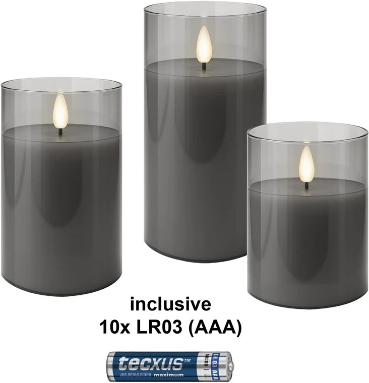 3er-Set LED-Echtwachs-Kerzen im Glas, grau-transparent, inkl. 10x AAA (LR03)