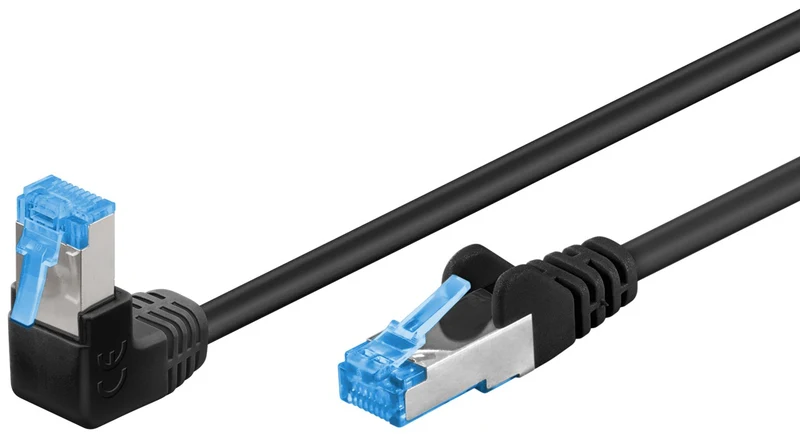 CAT 6A Patchkabel 1x 90° gewinkelt, S/FTP (PiMF), schwarz, 5 m
