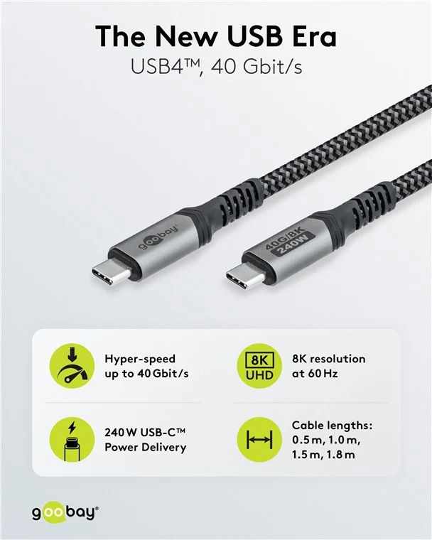 USB-C™-Kabel, USB4™, 1,5 m, schwarz;silber