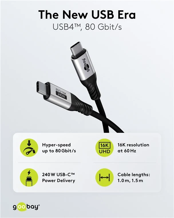 USB-C™-Kabel, USB4™ Version 2.0, 1 m, schwarz;silber