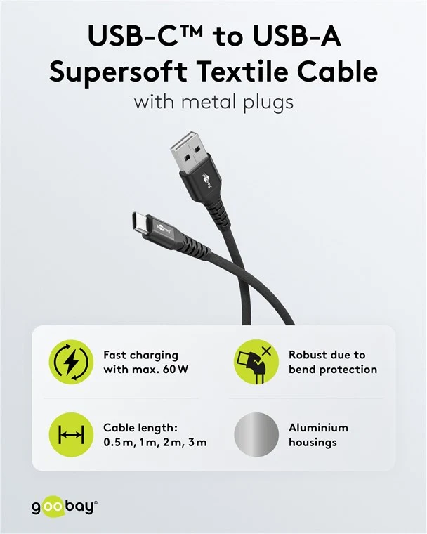 USB-C™ auf USB-A Supersoftes Textilkabel mit Metallsteckern, 1 m, schwarz