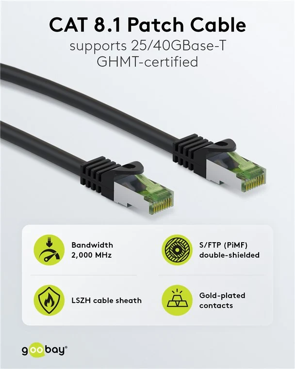 GHMT-zertifiziertes CAT 8.1 Patchkabel, S/FTP (PiMF), 3 m, grau, 5er-Set