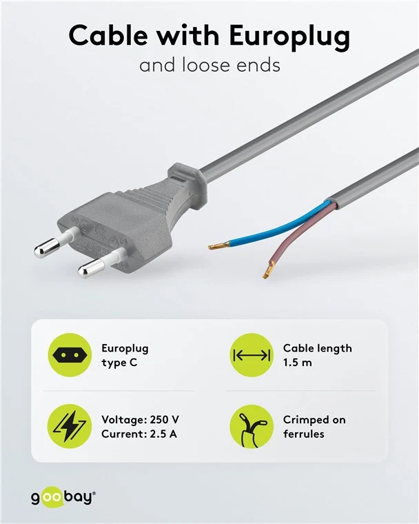 Kabel mit Eurostecker zum Konfektionieren, 1,5 m, Grau, (2*0,75 mm²)