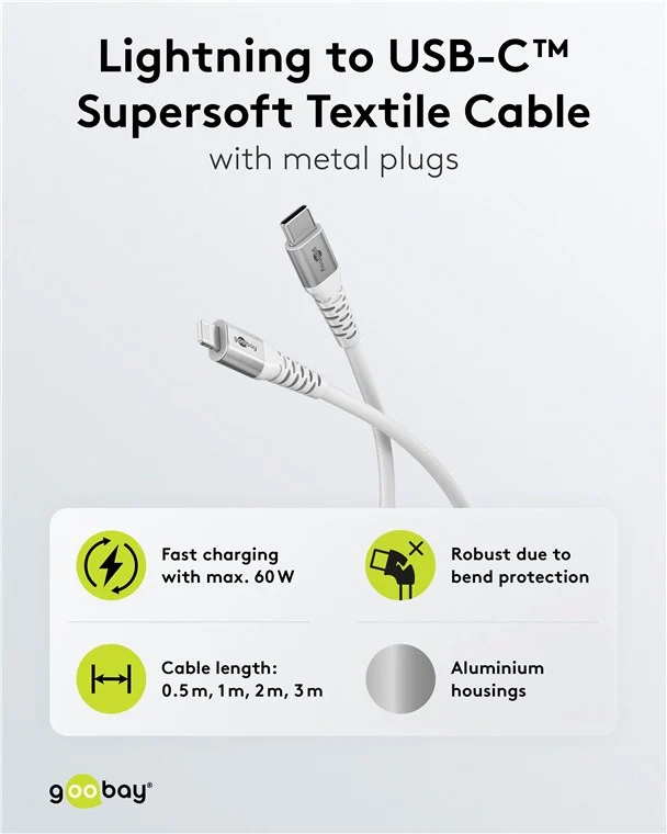 Lightning auf USB-C™ Supersoftes Textilkabel mit Metallsteckern, 1 m