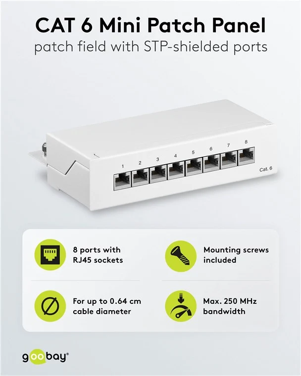 CAT 6 Mini/Desktop Patch Panel, 8 Port, (1 HE)