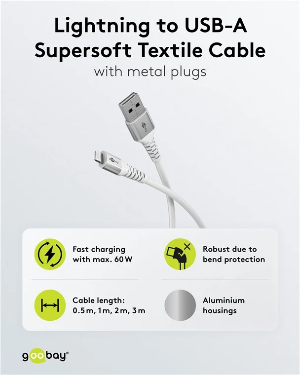 Lightning auf USB-A Supersoftes Textilkabel mit Metallsteckern, 3 m