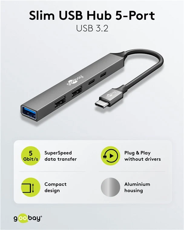 Slim 5-Port USB-Hub, USB-C™ auf USB-C™/USB-A, 5 Gbit/s