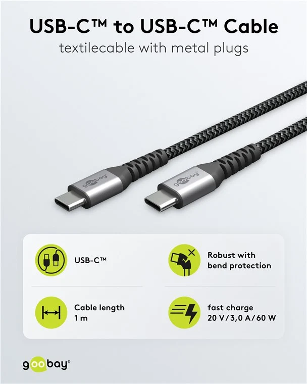 USB-C™-auf-USB-C™-Textilkabel mit Metallsteckern (spacegrau/silber), 1 m