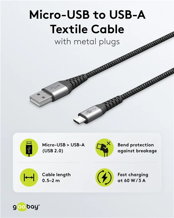 Micro-USB-auf-USB-A-Textilkabel mit Metallsteckern (spacegrau/silber), 2 m