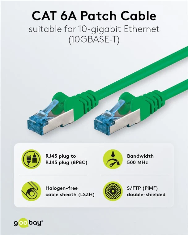 CAT 6A Patchkabel, S/FTP (PiMF), 2 m, grün, 5er-Set