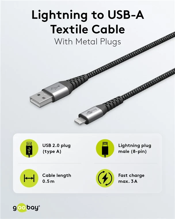 Lightning USB-A Textilkabel mit Metallsteckern, 1 m