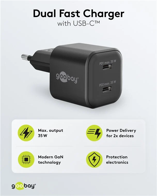 USB-C™ PD GaN Dual-Schnellladegerät Nano (35 W) schwarz