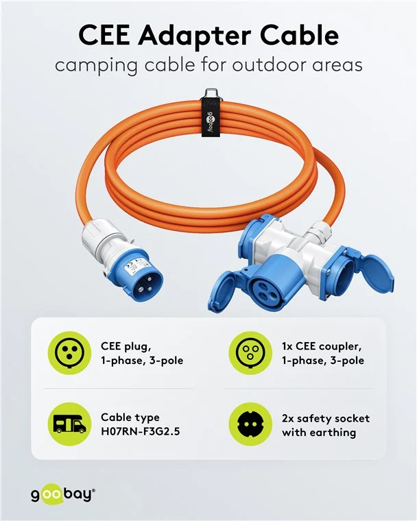 CEE-Adapterleitung, CEE-Stecker auf 1x CEE-Kupplung und 2x Schutzkontakt-Kupplung, 5 m