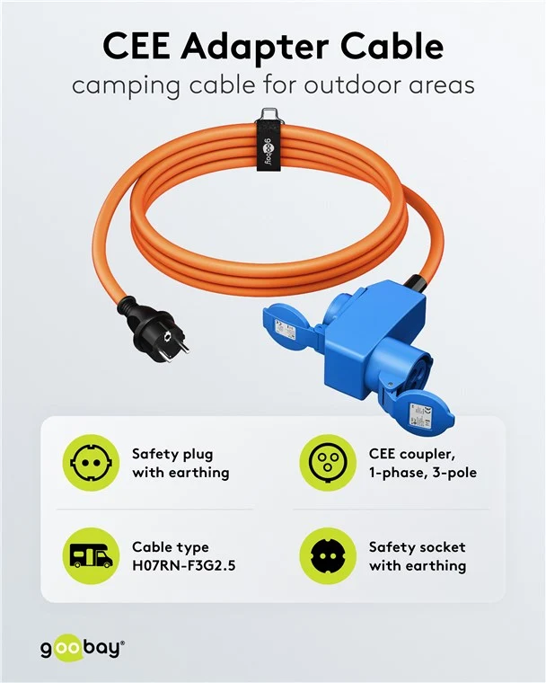 CEE-Adapterleitung, Schutzkontakt-Stecker auf 90° CEE-Kupplung und Schutzkontakt-Kupplung, 1,5 m