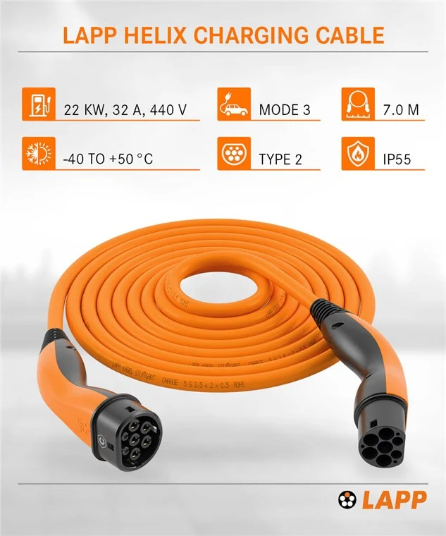 Selbstaufrollendes Ladekabel Typ 2, bis zu 22 kW, 7 m, orange