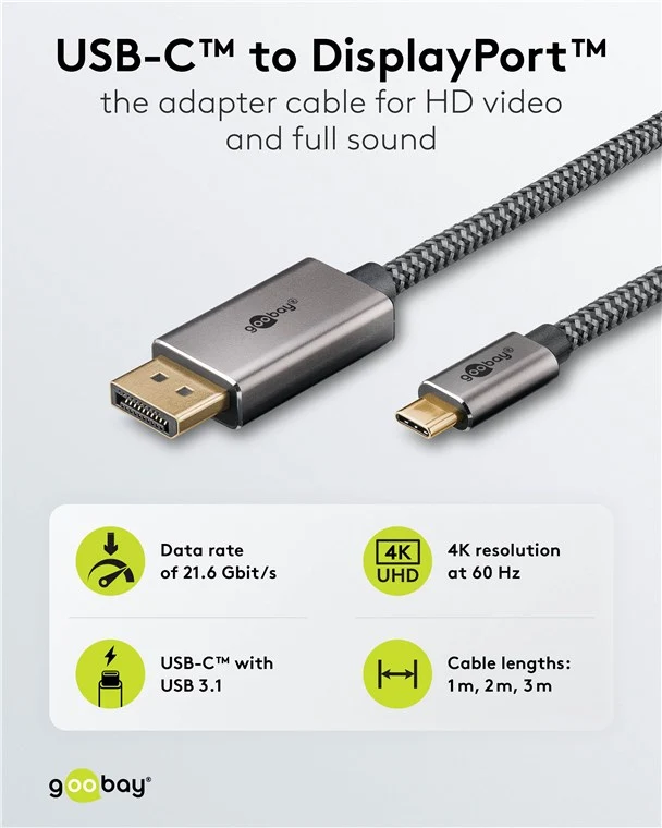 USB-C™-auf-DisplayPort™-Textilkabel 4K @ 60 Hz, 2 m, schwarz;silber