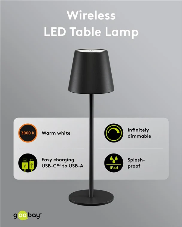 Kabellose LED-Tischleuchte, Größe M, 37 cm, schwarz